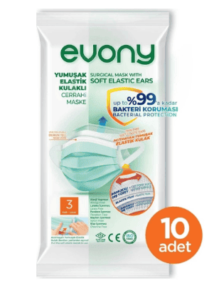 Evony Yumuşak Elastik Kulaklı Cerrahi Maske 10 Adet