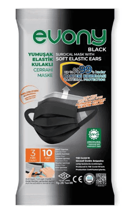 Evony Soft Elastic Ear Surgical Mask Black 10 pcs